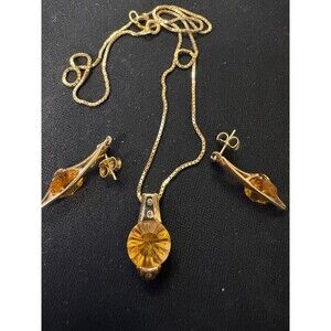 Vintage 14k Gold Citrine Necklace & Earrings Set Parure 7.1g Art Deco Style